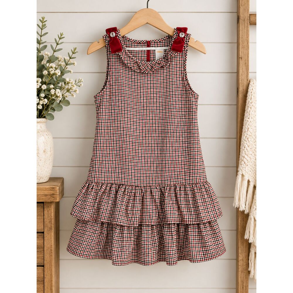 GYMBOREE Y2K Houndstooth Sz 8 Girls Holiday Dress Sleeveless Velvet Bow Ruffles
